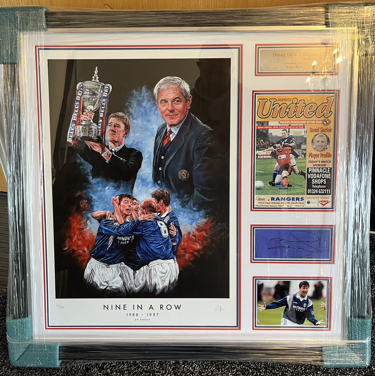 OffToTheMatchI2's tweet photo. 🏆 9 in a row 🏅

🔹 triple red white and blue mounted frame 
🔹 limited edition artwork 
🔹 detailed plaque 
🔹 original programme 
🔹 Laudrup signature 
🔹 photo of Laudrup scoring at Tannadice 

True unique piece of Rangers history 🔴⚪️🔵

PM or contact Off To The Match I Go https://t.co/yvW535uCXC
