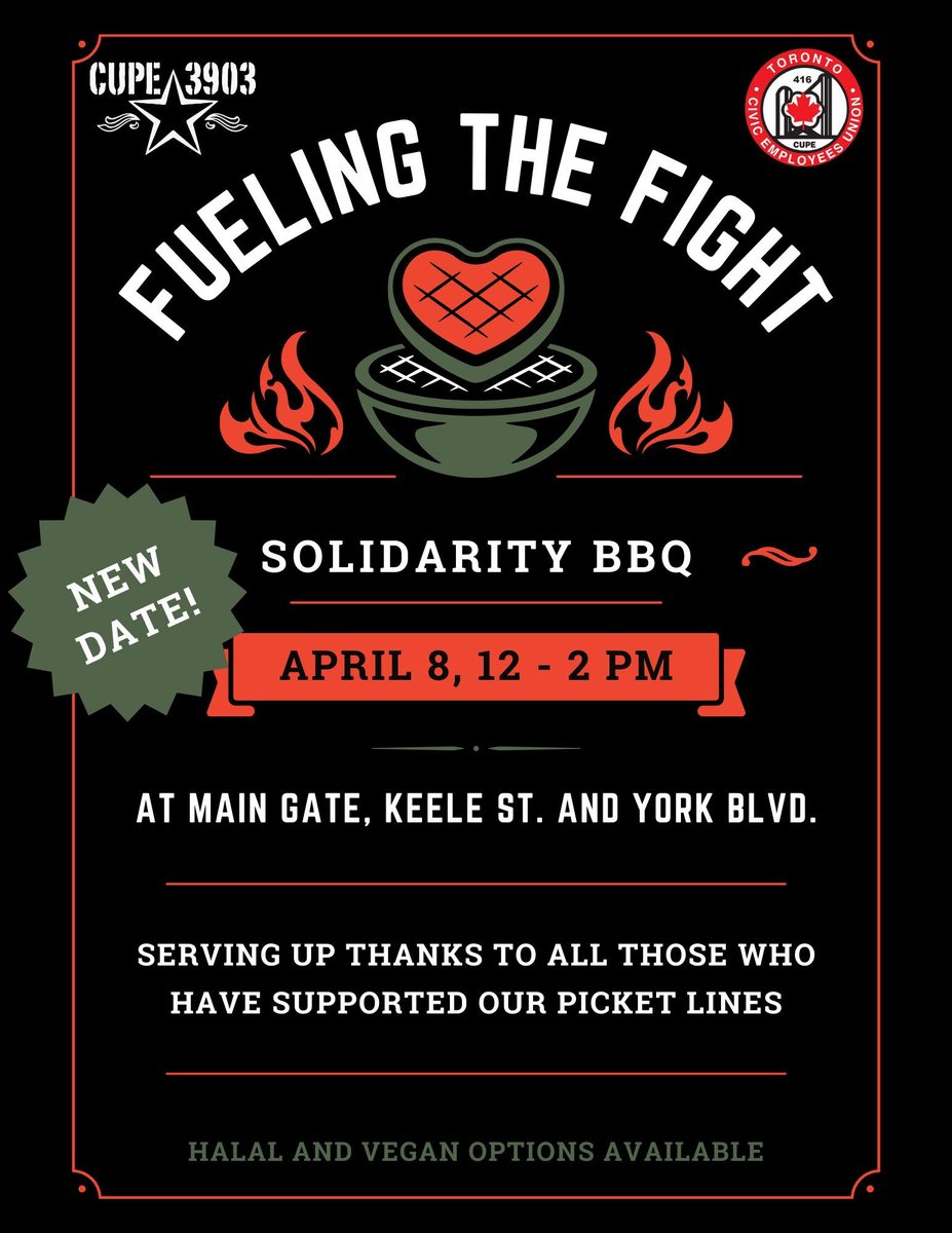 Join the Solidarity Rally and BBQ for striking York University workers this coming Monday, April 8 at 12 pm CUPE 3903 is working hard to get a deal, but York management is digging in their heels and dragging out this strike. Let's serve up some support for workers! ✊