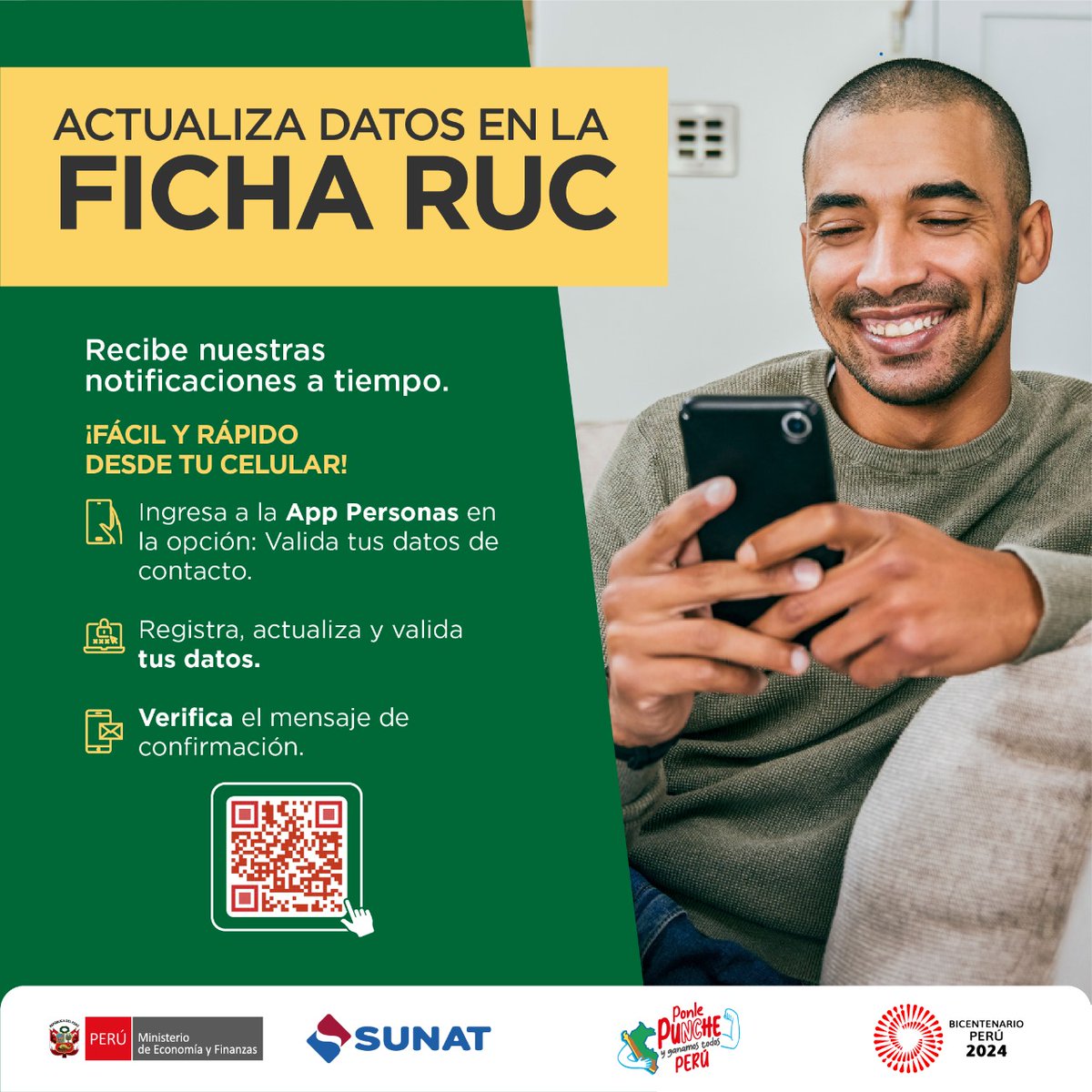 SUNATOficial's tweet photo. 📣 Amigos #emprendedores, mantener actualizados los datos de contacto en su #RUC es MUY IMPORTANTE.
☑️ Estarán al día con las últimas notificaciones tributarias.
☑️ Es fácil y rápido desde #SunatVirtual o en la #AppPersonas 📲.
💻 https://t.co/Fym08Pour8. https://t.co/okLkp6oJsn