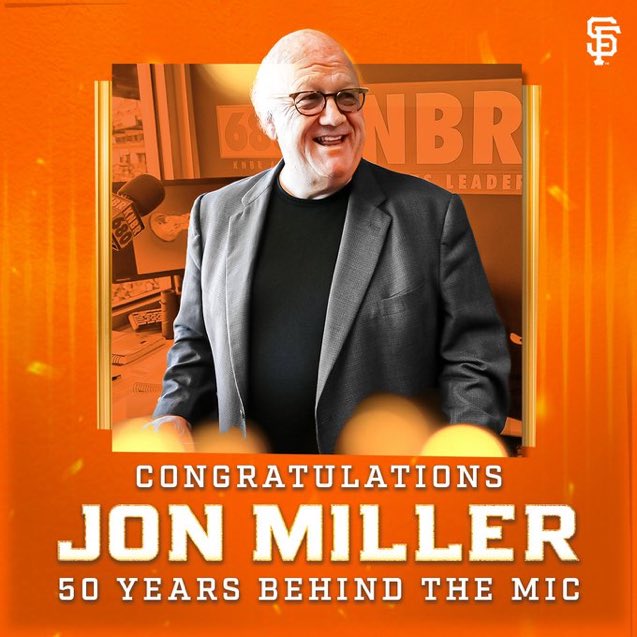 Congratulations Jon Miller (pbp) who has embarked on his 50th season as a broadcaster. Miller, the voice of the #SFGiants since 1997, began his career in 1974 as play-by-play voice for the #Athletics. #MLB