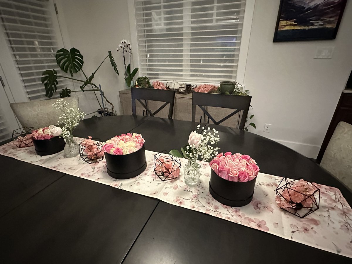 My first attempt at hatbox floral design! 3 packs of Costco roses! Table is Japanese Cherry blossom theme for Grant’s birthday dinner tomorrow with @sushibyvinh