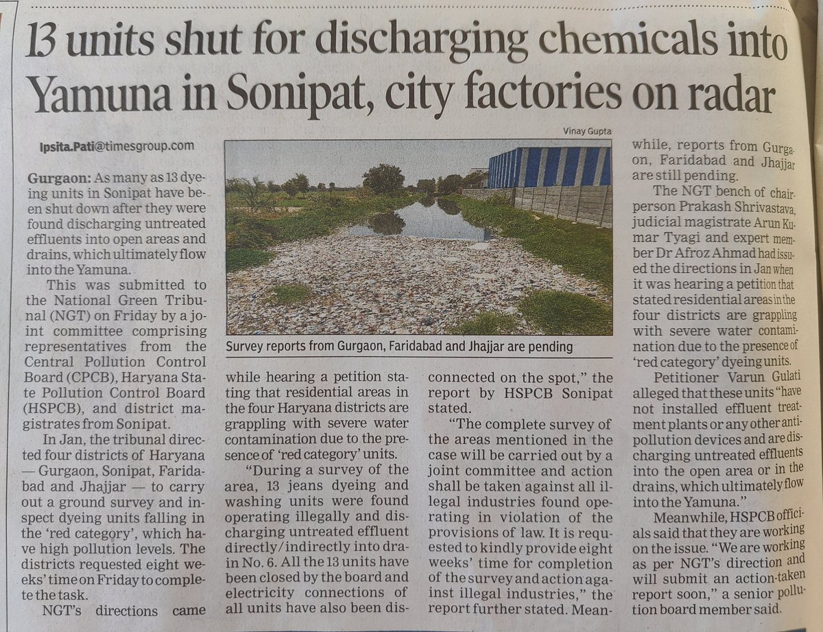 13 Sonipat units shut for discharging untreated effluents into #Yamuna @ActivistGulati @byadavbjp @CPCB_OFFICIAL @HspcbS @ngtmcyamuna2 Read the full story here rb.gy/86zqdw
