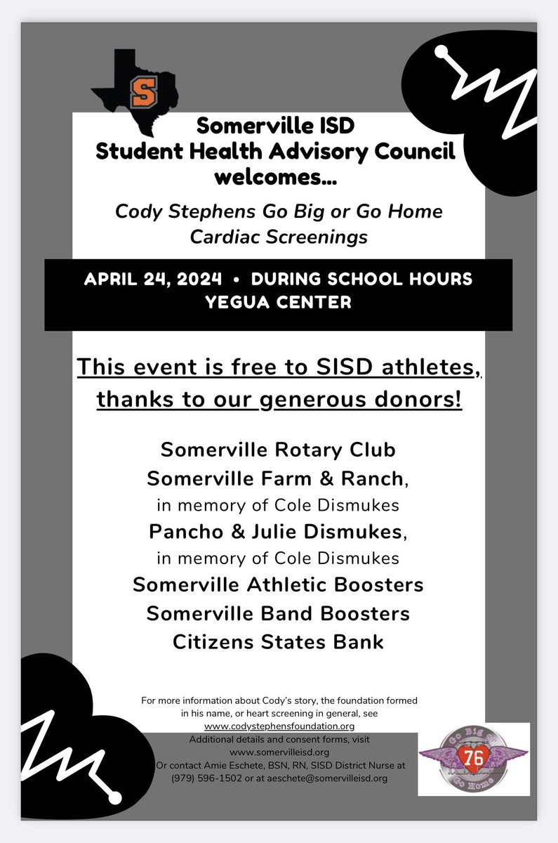 Free EKGs for ALL Somerville Athletes grades 6-11 in the Yegua Center on April 24th! Thank you Cody Stephens Foundation and our generous donors for making this possible!! The parent consent forms must be completed and returned in order for your athletes to get cardiac screened!