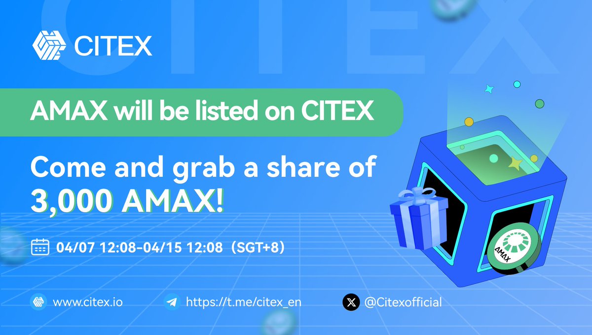 🎉🎉 $AMAX will be listed on CITEX. Come and grab a share of 3,000 AMAX! ⏰ 2024/04/07 12:08-04/15 12:08（SGT+8） ✅Follow@Citexofficial ✅RT & Tag 3 frds & Like 🍀Pick 30 users #airdrop of $50 tokens 👉JOIN:gleam.io/wiW5h/citex-ai… 👉MORE：citex.io/en_US/noticeIn……