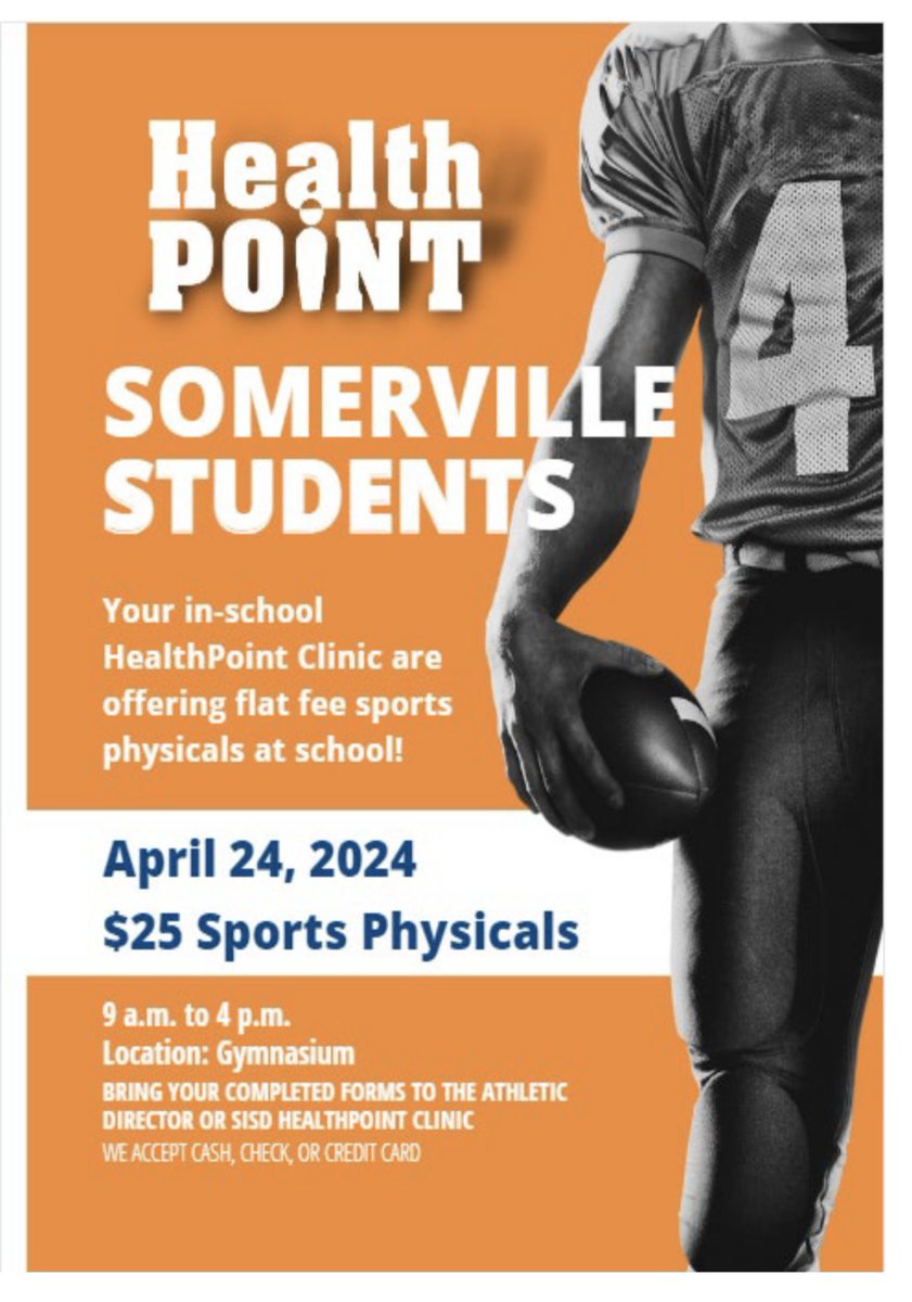 Mark your calendars!!! On Campus PHYSICALS provided by @Healthpoint_Tx coming up on April 24th! HealthPoint documents as well as the athletes medical history forms MUST be signed completed by a parent / guardian! The cost is $25!
