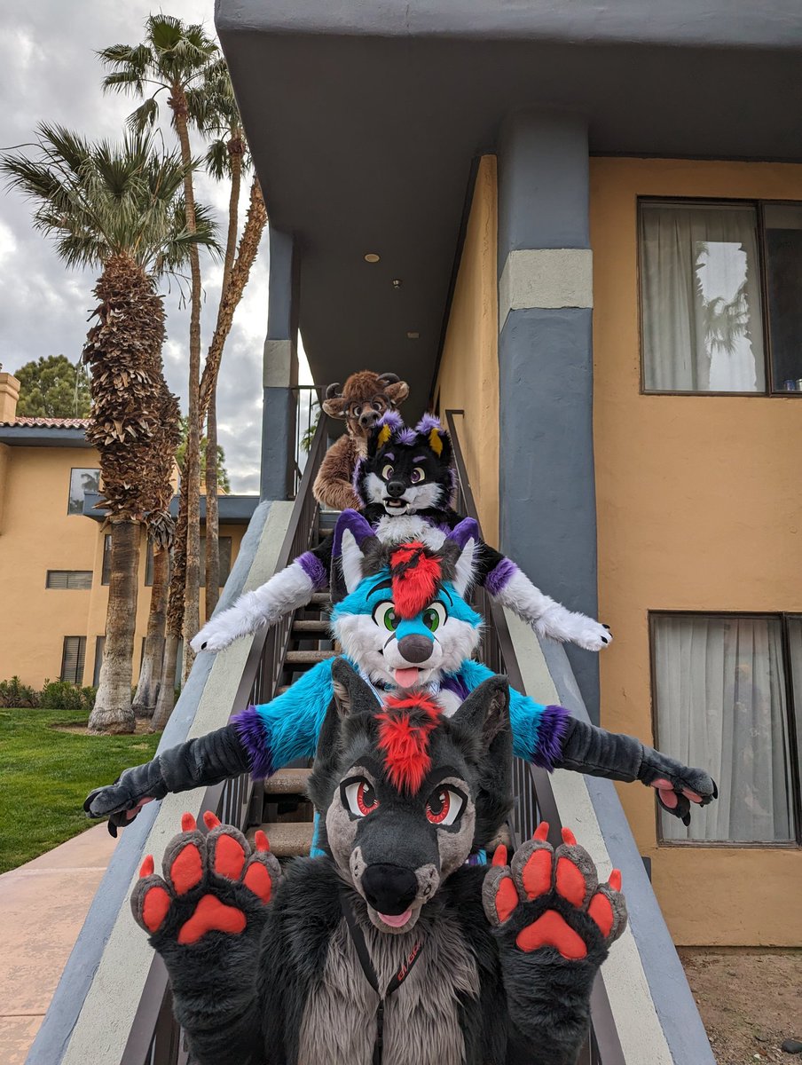 If you want to climb the stairs, you gotta pass through us first, by giving us all hugs! #FursuitFriday 

📸: @JagerSheppy
🐂: @LumberingMoo
🏙️: #LVFC2024
