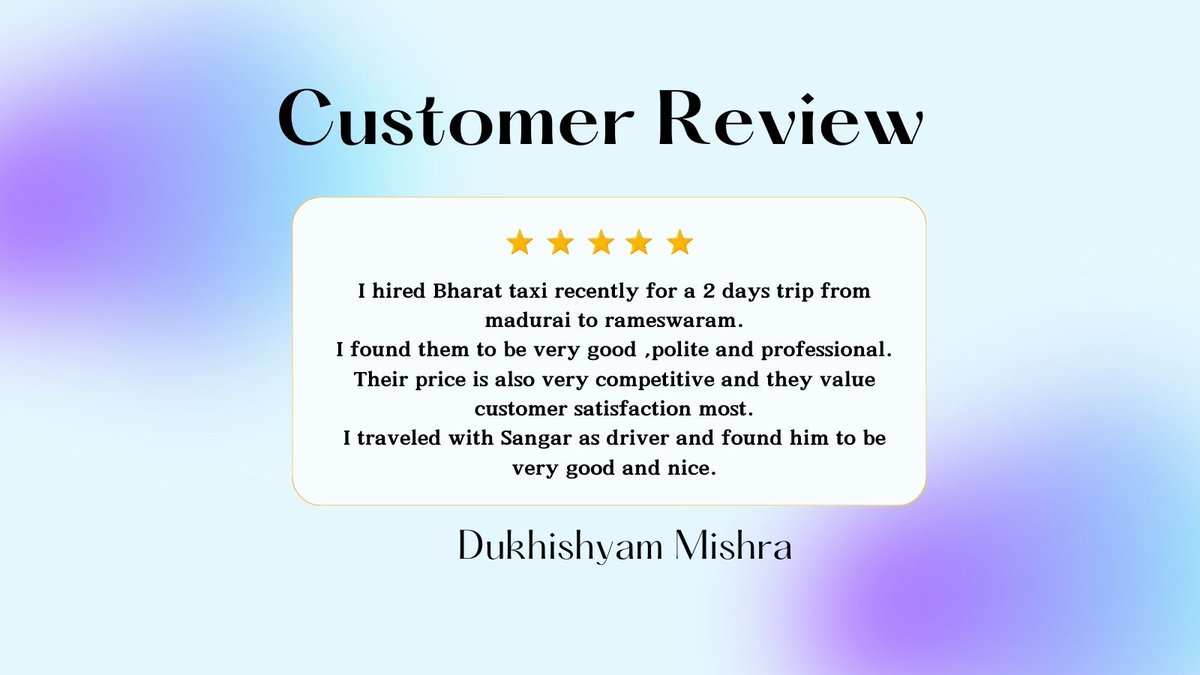 Our Customer Says...
#review #reviewtime #ourreviews #customerreviews #bharattaxi #taxiservice #tourism #travel #cabservice #reviews #indiatravel #testimonials #bharattaximadurai #Madurai