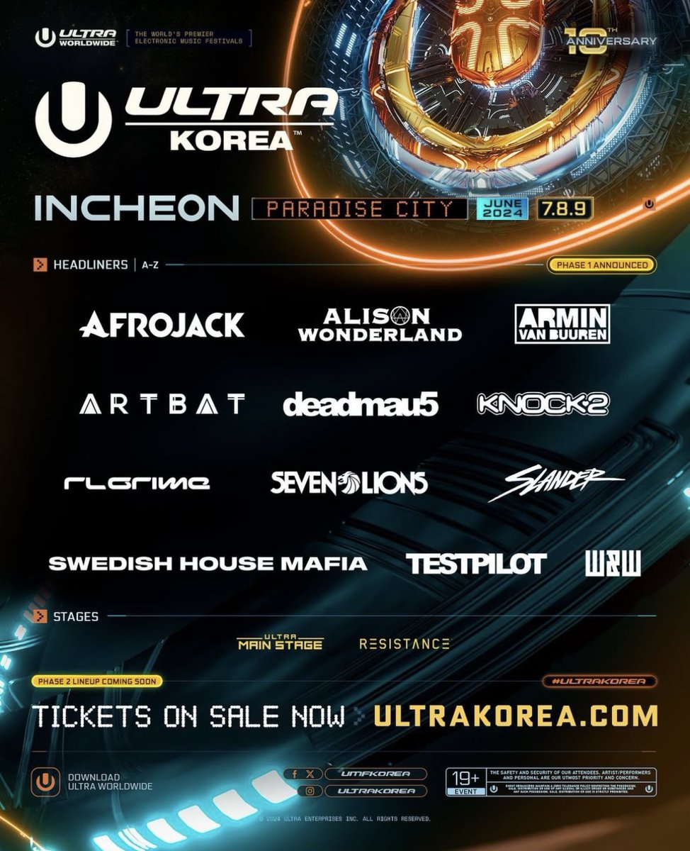 【Ultra Korea 2024 第一弾ラインナップ発表❗️】

行きたい🙌😎🙌

Afrojack
Alison Wonderland
Armin van Buuren
ARTBAT
deadmau5
Knock2
RL Grime
Seven Lions
SLANDER
Swedish House Mafia
TESTPILOT
W&W

2024年6月7日(金)8日(土)９日(日)

#UltraKorea2024