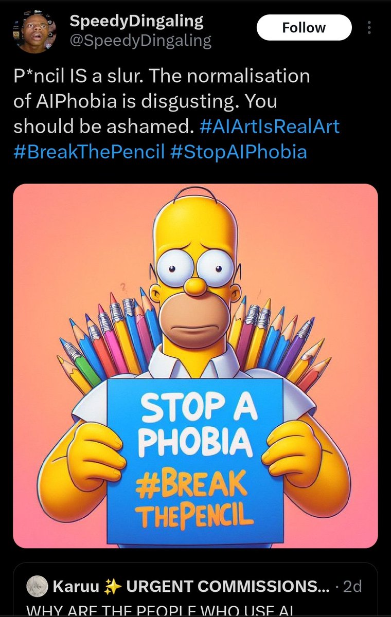 I honestly can't tell if this crap is parody. Front facing Homer, mangled pencils that are part graphite/part eraser, spelling 'AI' wrong...