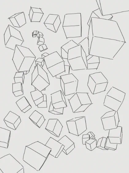 ちょっと楽しいやつ。パースは適当なのでめちゃくちゃだけど、「頭の中で物を動かす感覚」と「線を引くという意思」の準備運動に良い。 