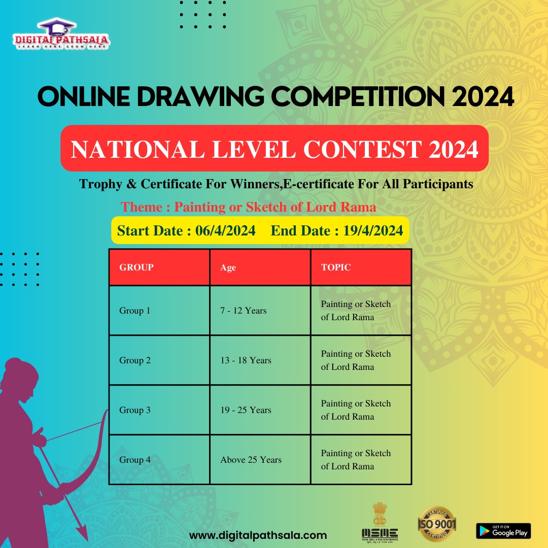 sumitjhadigital's tweet image. #RamNavami #OnlineContest
Ram Navami Online Drawing Competition 2024
✅Start Date : 6th April 2024
✅End Date : 19th April 2024
✅E-Certificate For All

Participate👇 Now
bittly.in/ram