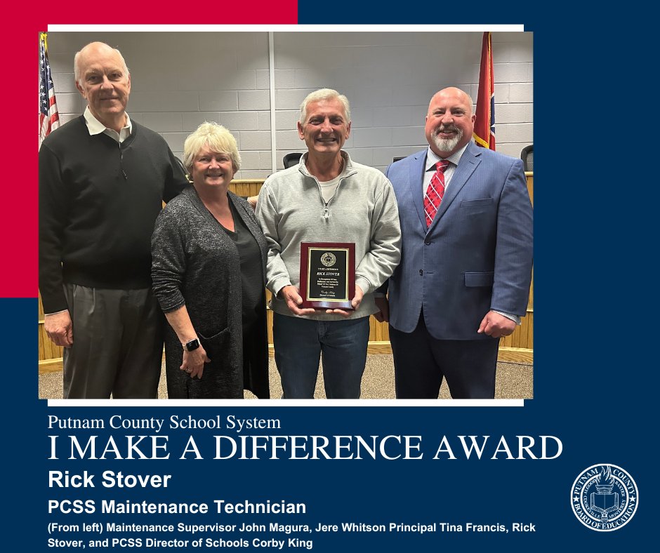 PCSSTN's tweet photo. PCSS Maintenance Technician Rick Stover was recognized with the "I Make a Difference Award" at the monthly school board meeting. Rick has served as the maintenance technician at Jere Whitson Elementary for the past six years. #PCSS #PutnamProud #imakeadifference https://t.co/a2Hq91hTX8