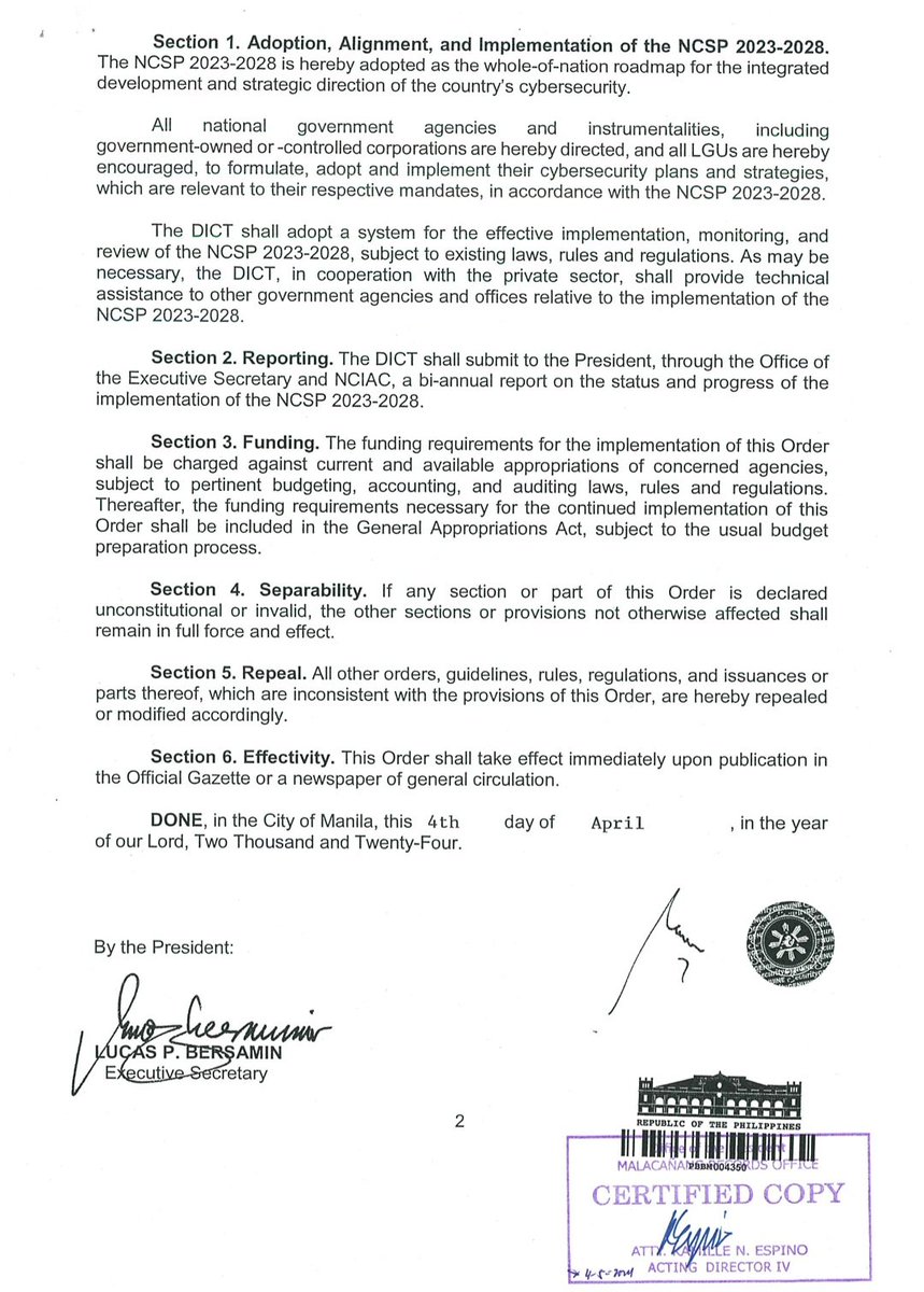 READ: President Ferdinand Marcos Jr. issues Executive Order 58 adopting National Cybersecurity Plan (NCSP) 2023-2028 as whole-of-nation roadmap towards "trusted, secured and resilient cyberspace for every Filipino." | @JMAurelioINQ