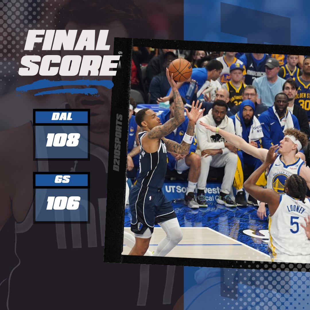 D210S's tweet photo. MAVERICKS SLIDE BY WARRIORS 🏀

FINAL 👇
108 DAL
106 GS

SCORING LEADERS
(DAL) P.J. Washington
> 32 PTS, 5 REB, 3 AST
(DAL) Kyrie Irving
> 26 PTS, 8 REB, 7 AST

#mffl #dallasmavericks #GSvsDAL