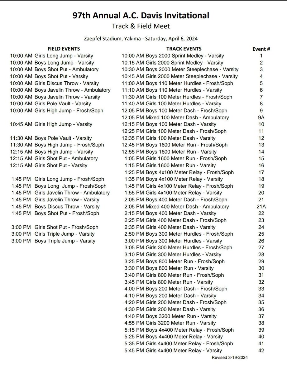 ChiawanaT_F's tweet photo. Here is the schedule for the Davis Invite. They have moved the steeple chase to start the meet. #chstrack #RiverhawkFamily
#RiverhawkStrong #WeAre #EverythingMatters #Team15 #davisinvite2024 https://t.co/J39GJ8ooGS