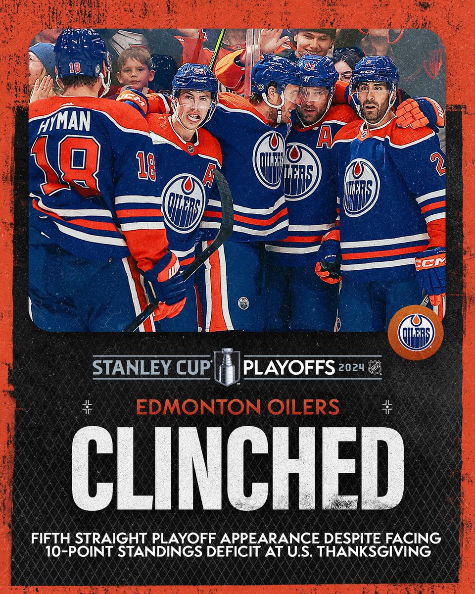 Hey @EdmontonOilers, see you in the 2024 #StanleyCup Playoffs 👋 At U.S. Thanksgiving, the Oilers were 10 points out of a playoff spot – today they clinched a spot in the postseason. #NHLStats: media.nhl.com/public/news/17…