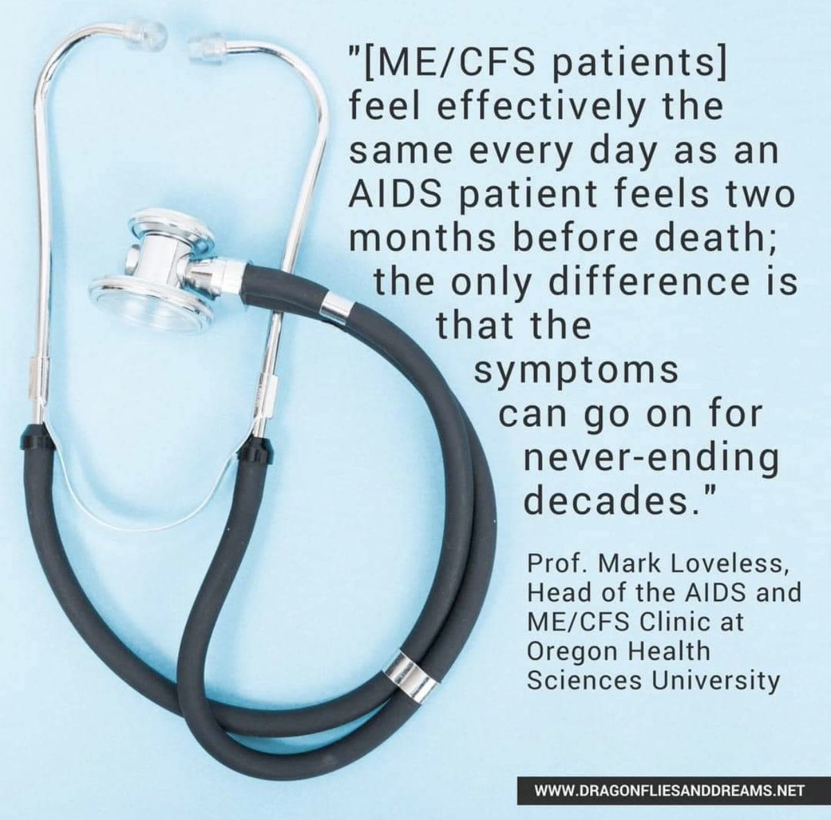 “ME/CFS patients feel effectively the same every day as an AIDS patient feels two months before death; the only difference is that the symptoms can go on for never-ending decades.” Prof. Mark Loveless, Head of the AIDS and ME/CFS Clinic at Oregon Health Sciences #MECFS…