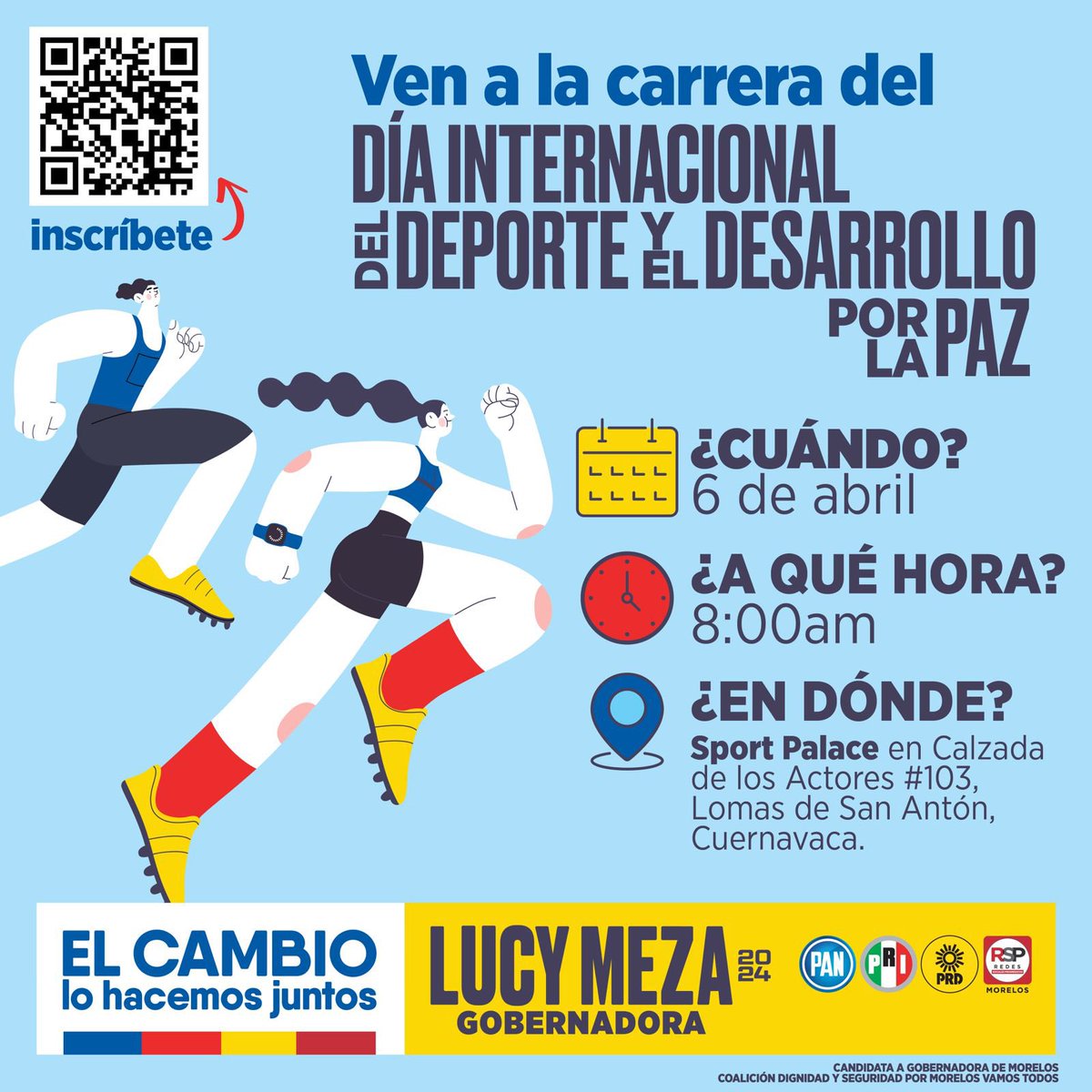 ¡Amigas y amigos de #Cuernavaca! Este #DíaInternacionalDelDeporte y #DesarrolloPorLaPaz nos unimos en una carrera para cuidar nuestra salud y promover la armonía en nuestra comunidad. #ElCambioLoHacemosJuntos ¡Los espero con entusiasmo en Sport Palace a las 8:00 am!  🏃