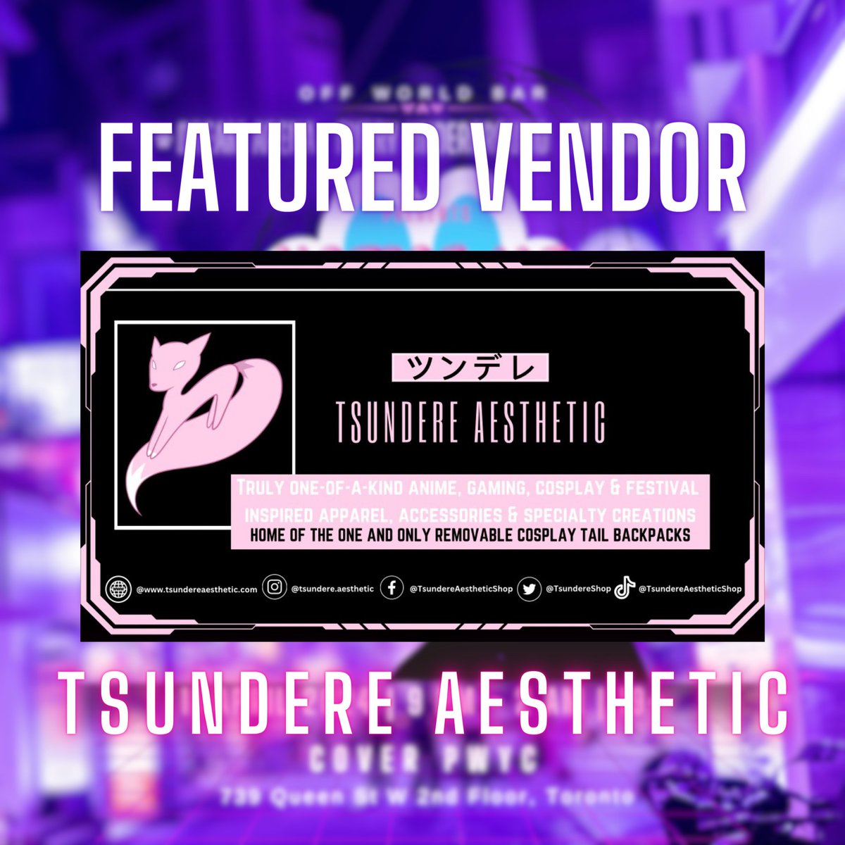 TheOniGirls's tweet photo. Catch one of our vendors Tsundere Aesthetic 
April 11th at @offworldbar 
.
Home of the cutest and comfiest, all-original kawaii, alternative, anime, gaming, festival and cosplay inspired apparel and accessories
.
Ticket &amp; Event link in bio

#kawaii #clothing #accessories #toronto https://t.co/ReoRSVWXfq