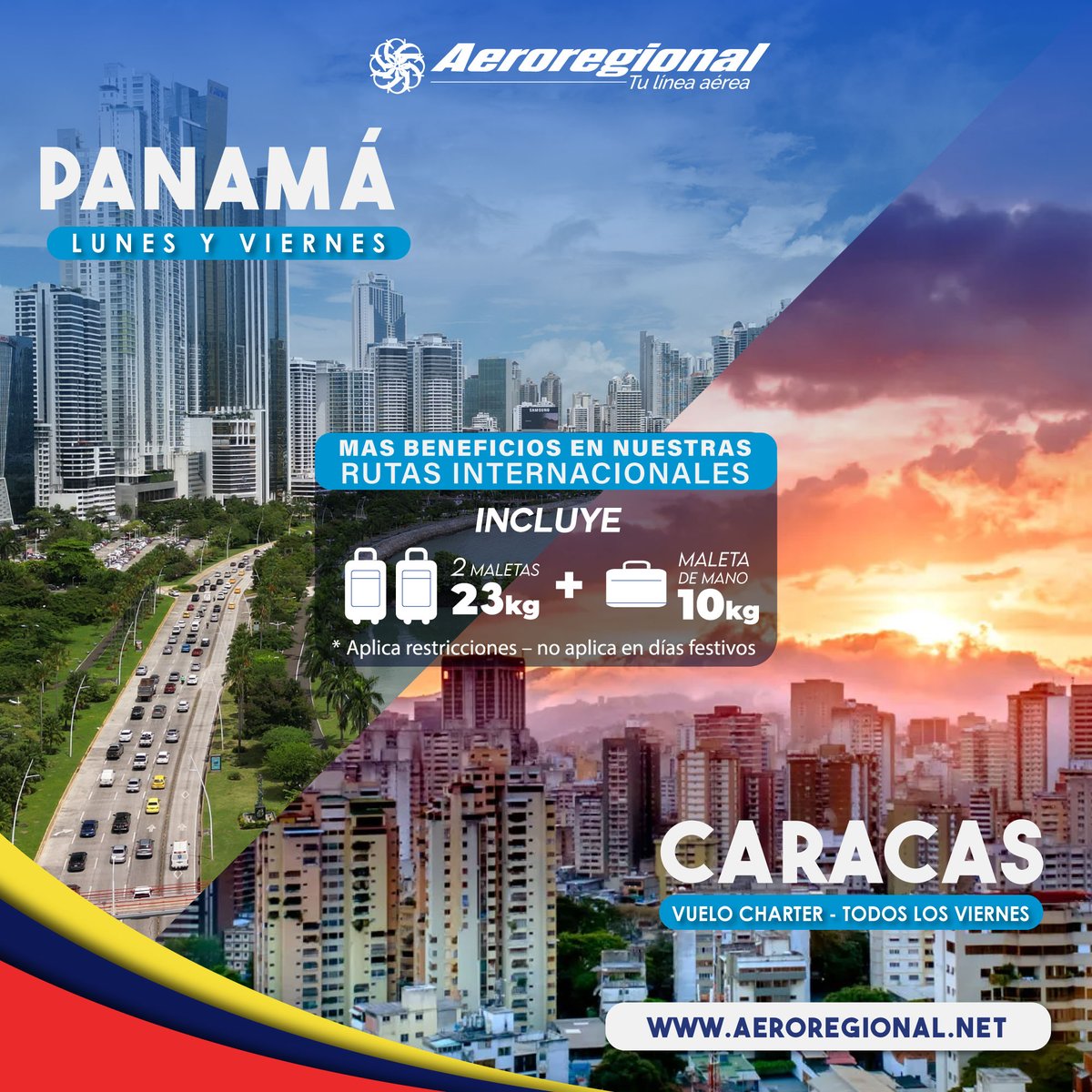 Ahora vuela con beneficios únicos en tus destinos a Panamá y Caracas desde Quito. 🤩✈️ Vive la experiencia de volar con Aeroregional y disfruta de 🧳🧳 2 maletas documentadas de 23kg y 🎒 equipaje de mano de 10kg, totalmente gratis en cada viaje.