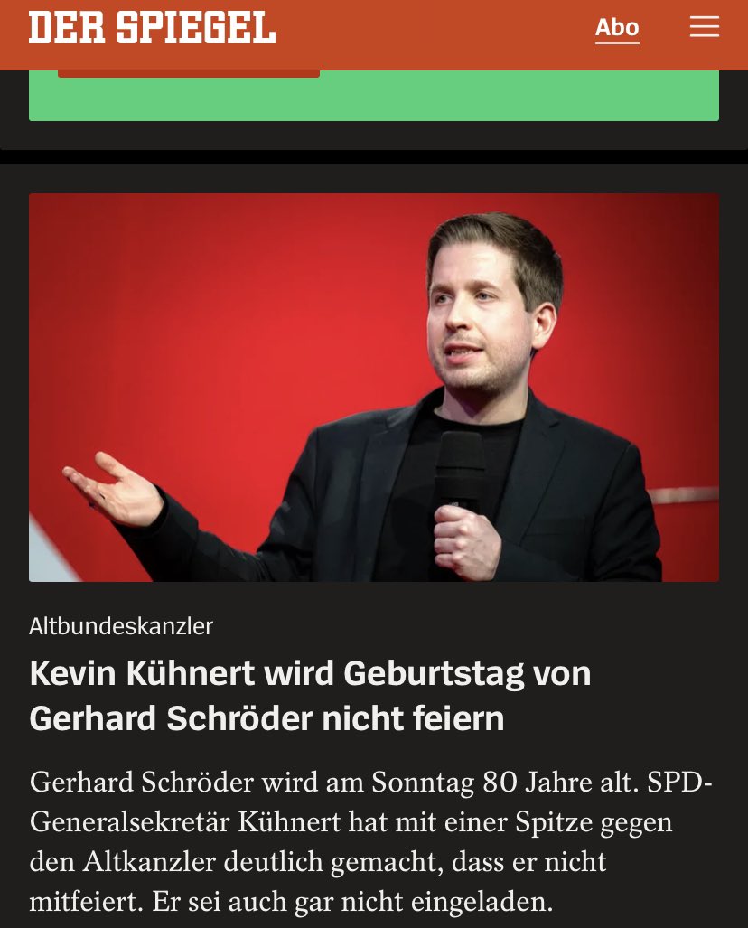 Was heutzutage alles eine Meldung ist. Hoffentlich hat Der Spiegel Gerhard #Schröder auch mitgeteilt wer Kevin Kühnert ist.