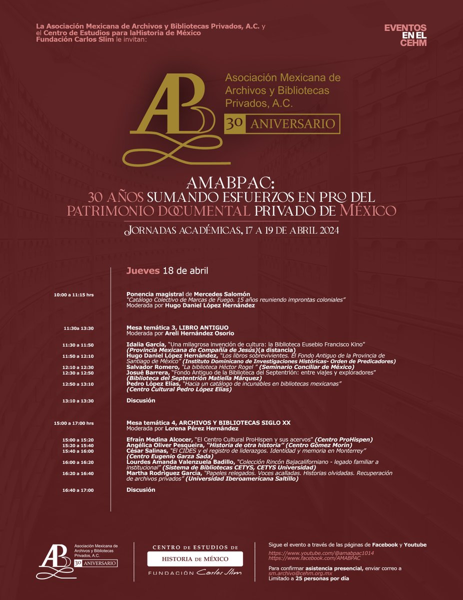 AMABPAC (@amabpac) on Twitter photo 30 años sumando esfuerzos en pro del patrimonio documental privado de México
Jornadas académicas, 17 a 19 de abril 2024
youtube.com/@amabpac1014
facebook.com/AMABPAC
Para confirmar asistencia presencial, enviar correo a sm.archivo@cehm.org.mx
Limitado a 25 personas 30 años sumando esfuerzos en pro del patrimonio documental privado de México
Jornadas académicas, 17 a 19 de abril 2024
youtube.com/@amabpac1014
facebook.com/AMABPAC
Para confirmar asistencia presencial, enviar correo a sm.archivo@cehm.org.mx
Limitado a 25 personas