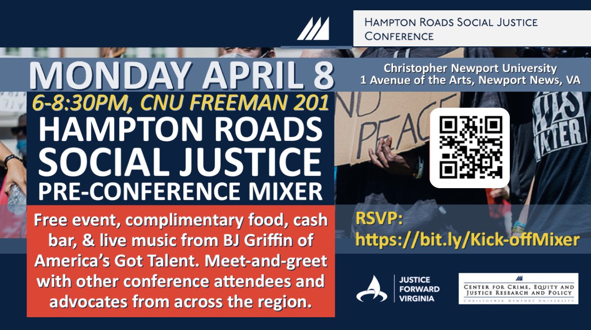 If you’re around Hampton Roads this upcoming Monday, April 8th from 6-8:30PM, join us for a FREE and informal mixer to kick-off this year's Hampton Roads Social Justice Conference. Food, drink, & live music from BJ Griffin of @AGT! RSVP: bit.ly/Kick-offMixer #justiceforwardva