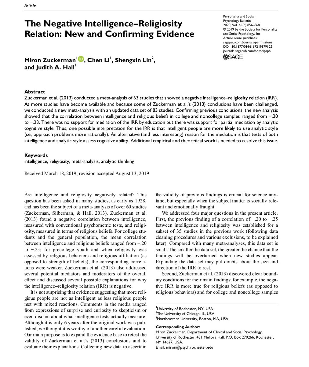 Talking about the study she quoted, aku skip baca yang itu (Tahun 2013) soalnya Zuckerman riset dengan topik yang sama penelitian yang dia review itu jumlahnya 83, ada tambahan 20 penelitian baru di studi Intelligence-Religiosity Relation (IRR) di tahun 2019.