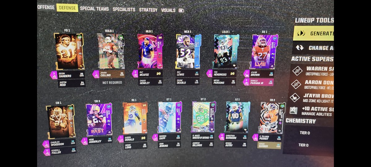TravisJ41590509's tweet photo. @FerdyHK 25 super bowl 25 raider max y2k max old school and maxed manning bros. Also sorry I am on the road so I couldn't take a picture of it today but since McAfee is gone Simmons is back in and branch replaced Gilmore. Also only been playing since the end of the superbowl promo. https://t.co/GMgmxyBXjJ