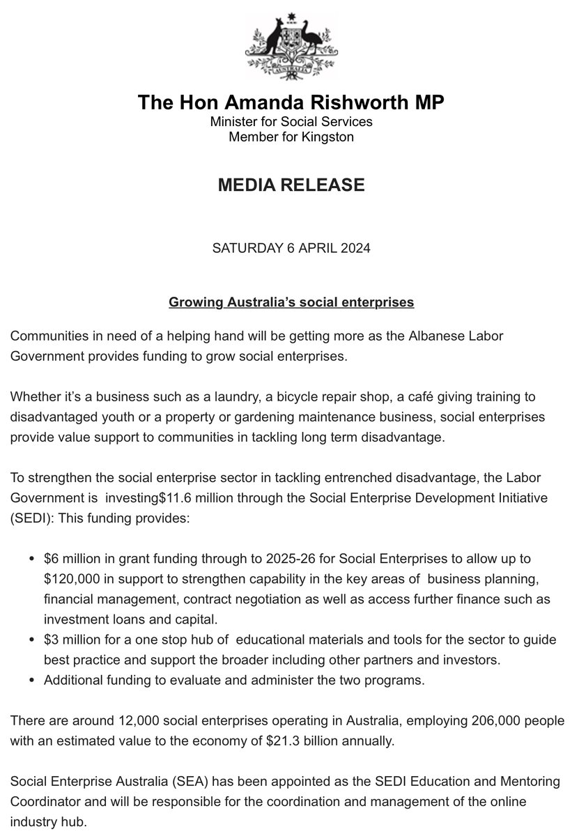 Social enterprises provide jobs for people with disability, help the environment, and build society. Having spoken last month to their roundtable, I'm chuffed that @AmandaRishworth has announced a new fund to support social enterprises ministers.treasury.gov.au/ministers/andr… #auspol