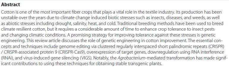 Enhancing cotton resilience to challenging climates through genetic modifications tinyurl.com/2s4zp4db Genome editing is a potential method for enhancing cotton's resistance to challenging environmental factors @UniversityofAg2