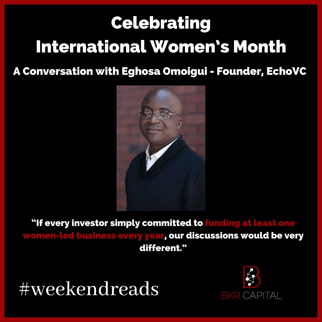 We interviewed @EghosaO (@EchoVC) on the last day of #IWM2024 about the lack of #diversity in VC funding, its impact on #WomenFounders & the missed opportunity behind this. Let’s keep the conversation alive #BeyondMarch. Read: bkrcapital.ca/post/blog-cele… #BKRCapital #WeekendReads