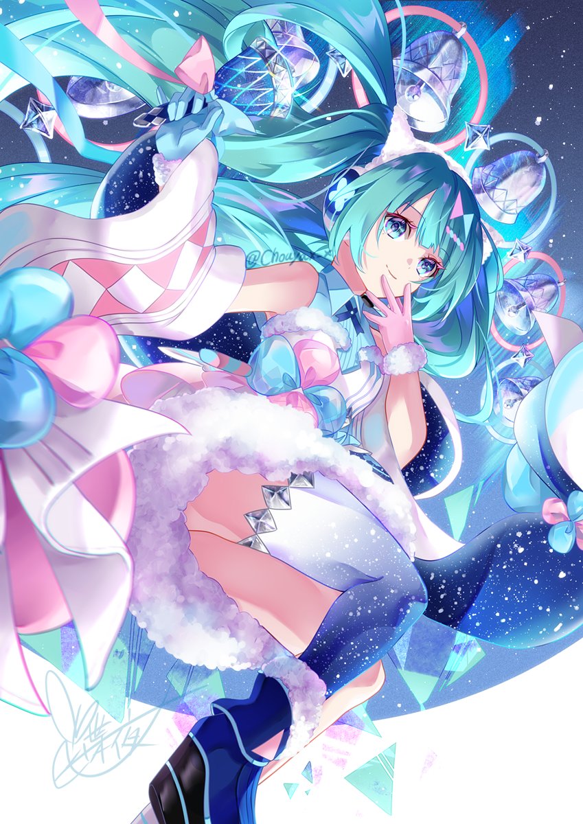 hatsune miku ,magical mirai miku 1girl solo long hair looking at viewer smile open mouth blue eyes  illustration images