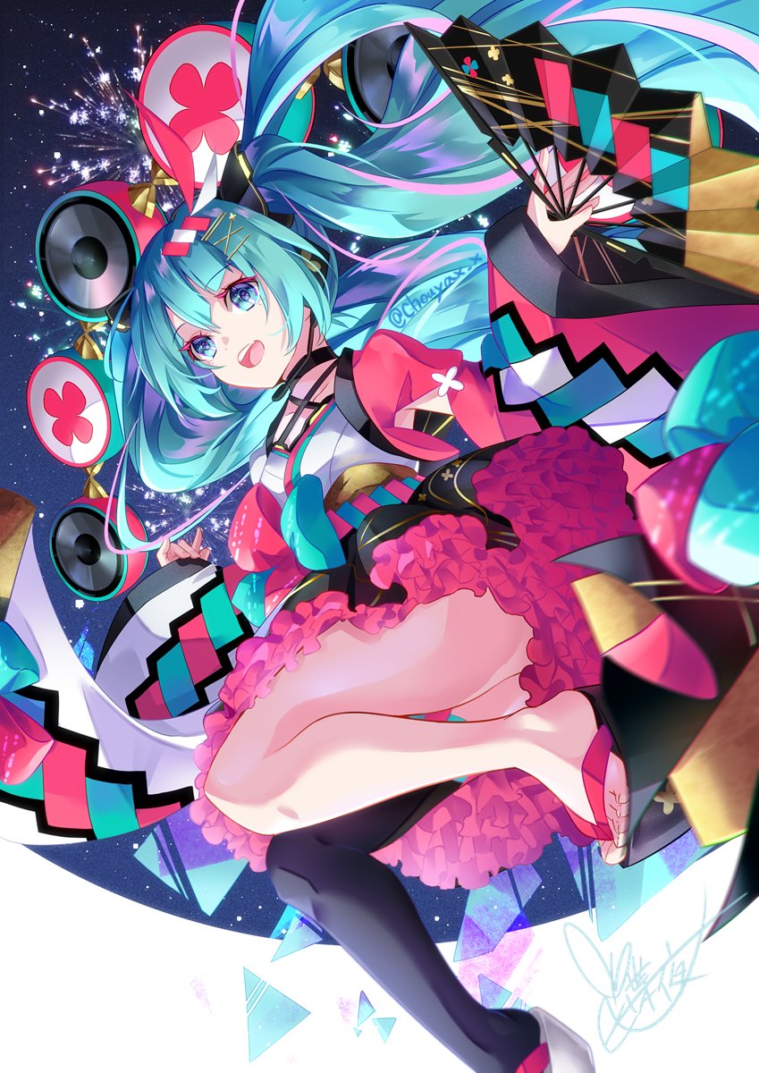 hatsune miku ,magical mirai miku 1girl solo long hair looking at viewer smile open mouth blue eyes  illustration images