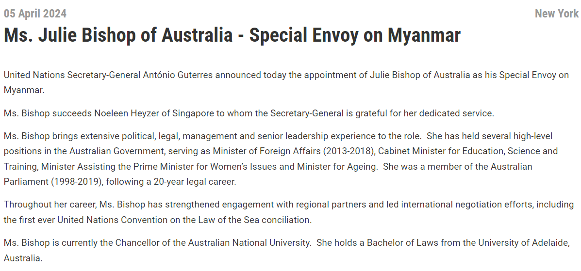 .@antonioguterres appointed Julie Bishop of Australia as his Special Envoy on #Myanmar. Read more: un.org/sg/en/content/…