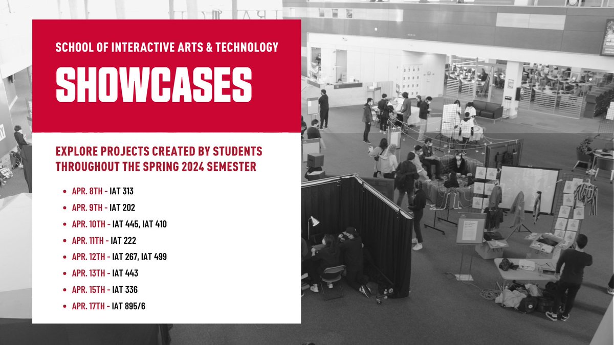 Our in-person showcases are back on campus starting Monday! Check out the schedule and come by the showcases to explore and experience projects created by students throughout the semester: sfu.ca/siat/news-even… @FCATatSFU @sfusurrey