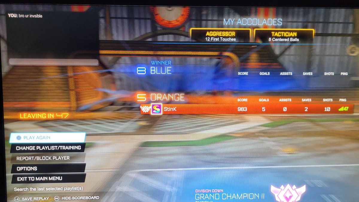 StinK_RL's tweet photo. Is this a new hack @RocketLeague you can't see the player they don't skip the replay until you do and even in the replay they can't be seen. There was not even a way to report them as they weren't even technically in the match. @ApparentlyJxck @devinconnors @Retals @amustycow https://t.co/1iflwgA1vB