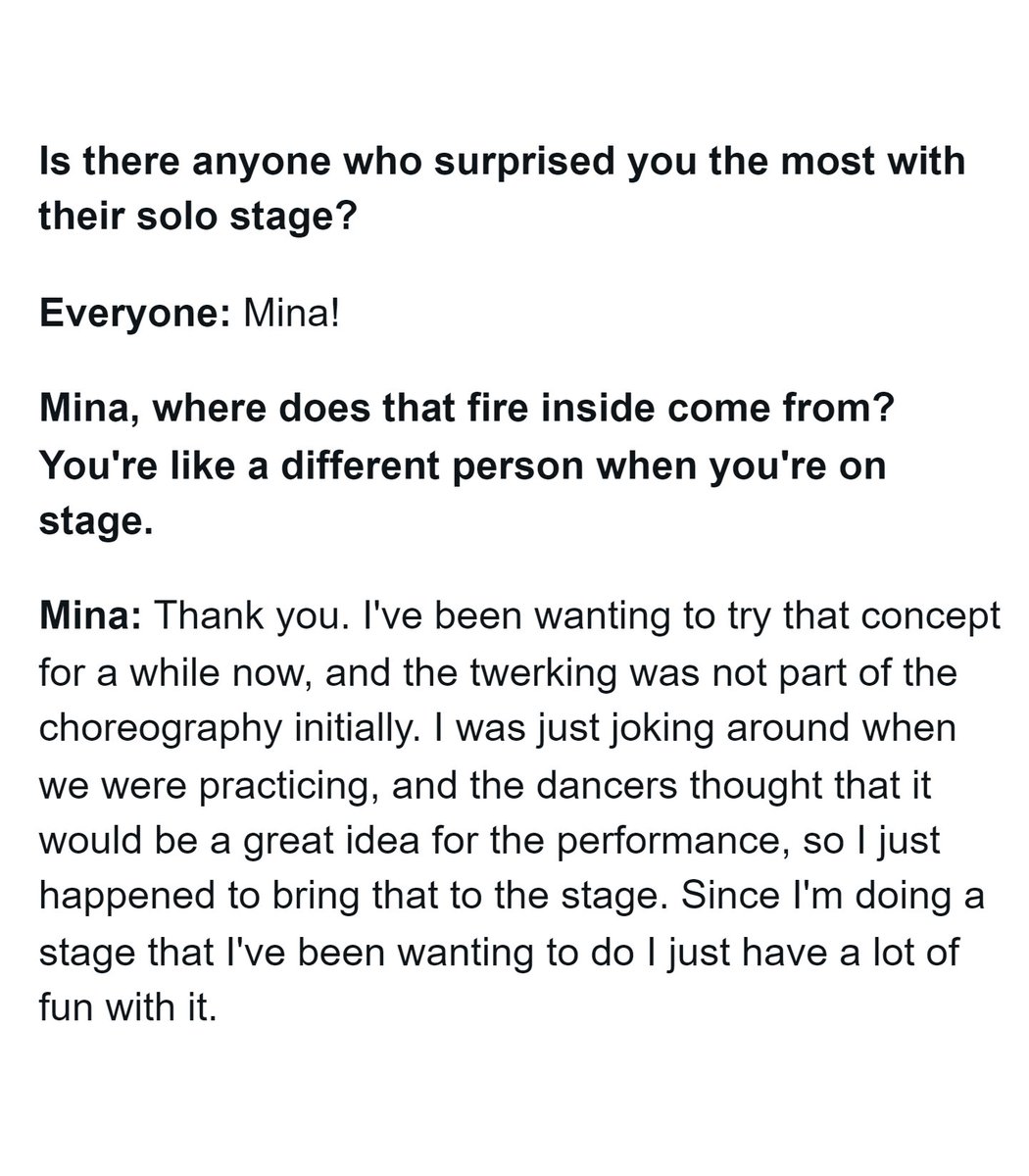 godmitzu's tweet photo. Mina's twerk wasn't part of her solo stage choreo initially, she was "just joking around" during practice and they added it. We've been fighting for our lives and it was just a joke to her 😵‍💫😵‍💫 https://t.co/dYkSmge1wq