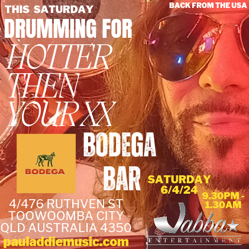 Paul Addie Music News🌎 TONIGHT In south west of Brisbane Continuing my enjoyment of drumming🥁 at 'the happiest'*******' place' Bodega Toowoomba With the great lads Matt & Joe from 'Hotter Then Your XX' Thanks to @JabbaEntertainment