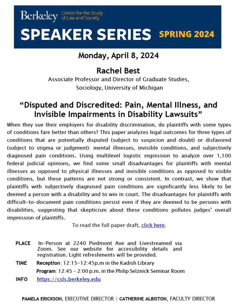 Please join us for our upcoming Speaker Series event: 'Disputed and Discredited: Pain, Mental Illness, and Invisible Impairments in Disability Lawsuits' held In-Person and Livestreamed via Zoom, Monday 4/8. Registration and accessibility details: rb.gy/pltjm