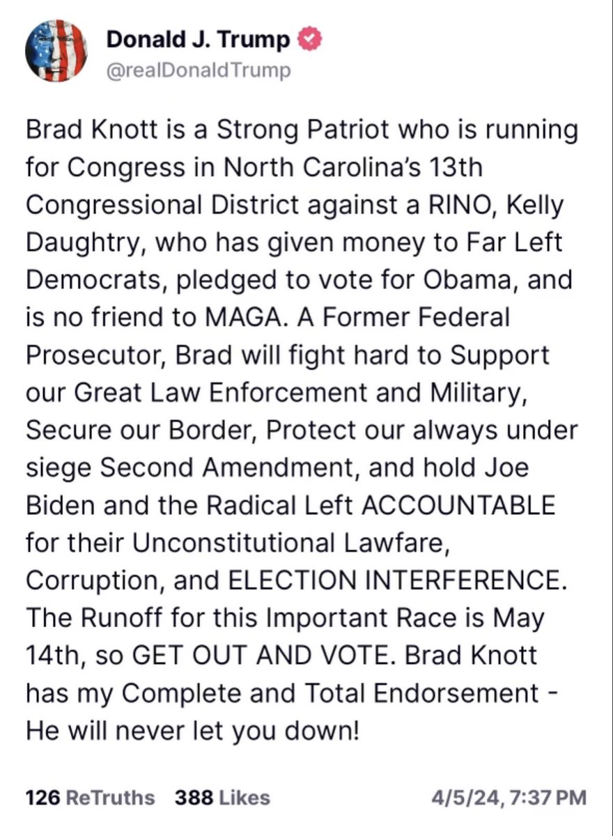 President Donald Trump endorses Brad Knott in #nc13