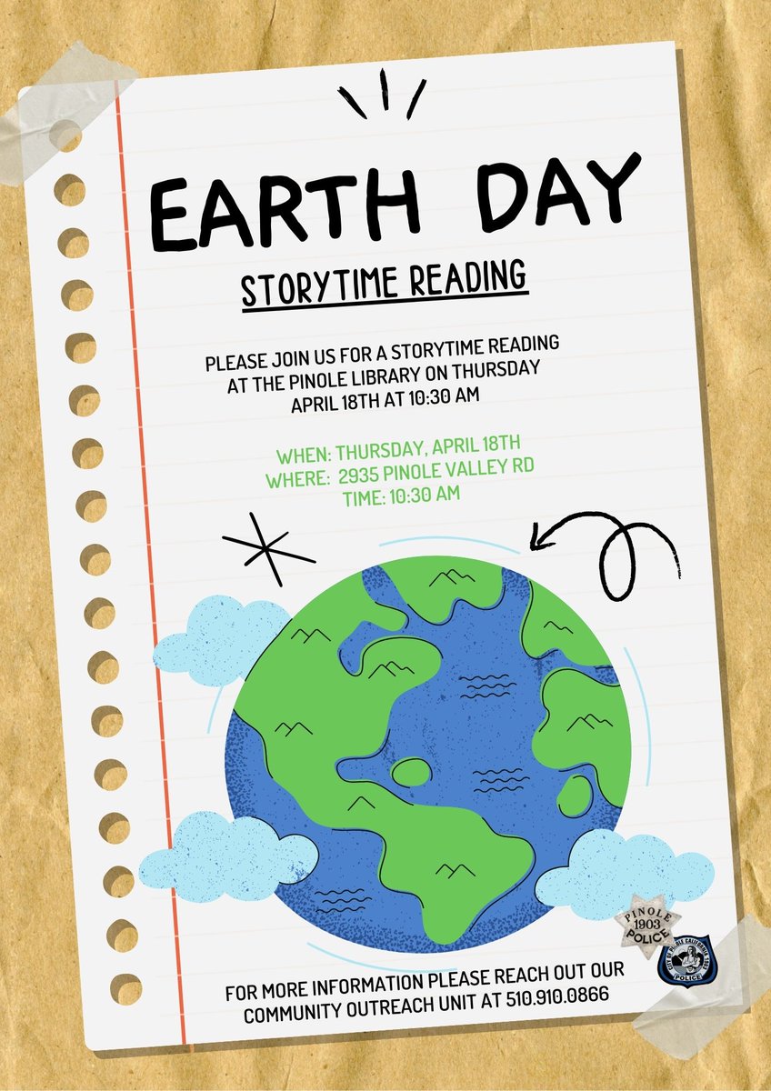 Join the Pinole Police Department for a very special earth-themed story time at the Pinole Library on Thursday, April 18 at 10:30am. Children of all ages and family members are welcome! #storytime #earthday #earthday2024 #earthmonth #cityofpinole #kidsactivities