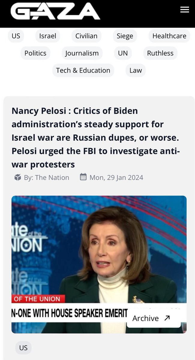DocumentingGaza's tweet photo. On Jan 29, Pelosi asked the FBI to investigate anti war protesters. Find this article by searcung “Pelosi” or use filter “US” in the #GazaGenocideTimeline to retrieve 200 articles & statements documenting the individual and institutional complacency
https://t.co/WzQyJuMoFm https://t.co/s49FspqSwM