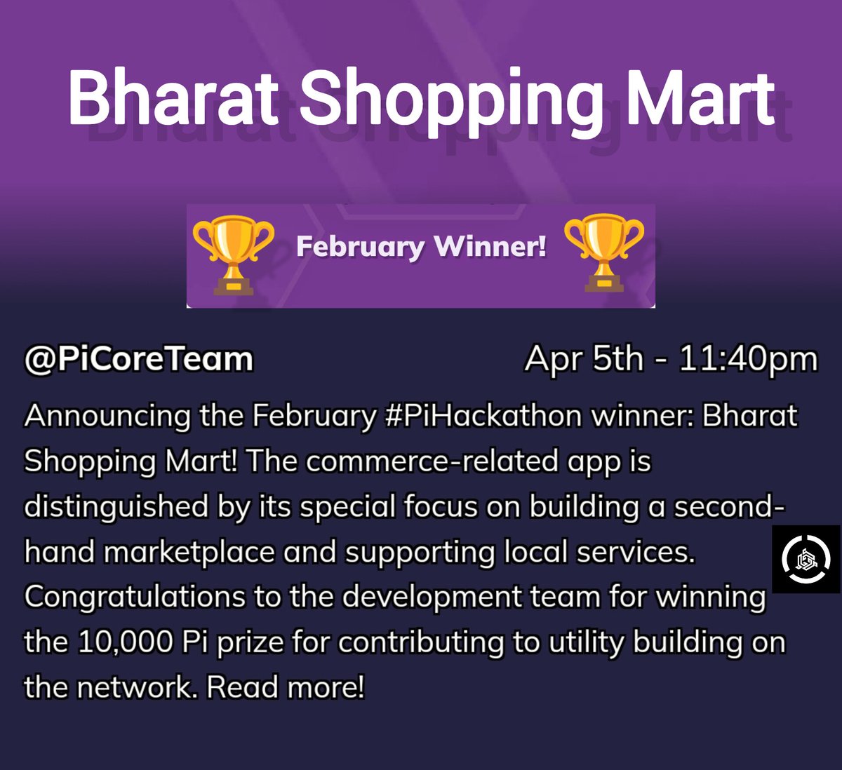 PiNetwork24X7's tweet image. 🎉 Congratulations to Bharat Shopping Mart for emerging as the winner of the February #PiHackathon! 🏆 Their commerce-focused app stood out for its dedication to user experience, unique features, and plans.

🌟 What makes Bharat Shopping Mart special is its commitment to…