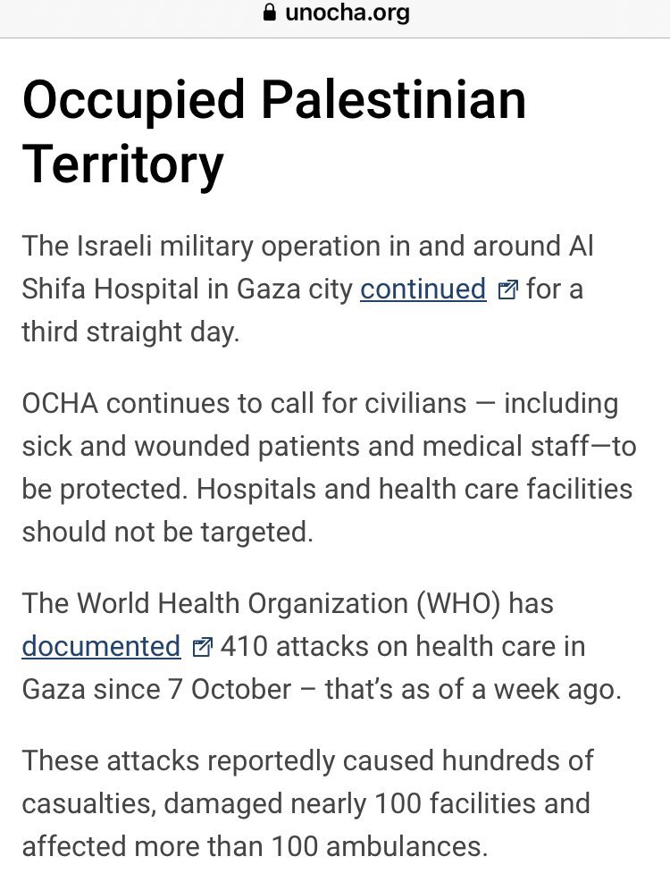 @SaulStaniforth Shameless & disgraceful. “The World Health Organization (WHO) has documented 410 attacks on health care in Gaza since 7 October - that's as of a week ago. These attacks reportedly caused hundreds of casualties, damaged nearly 100 facilities…” (3/20/24) unocha.org/news/todays-to…