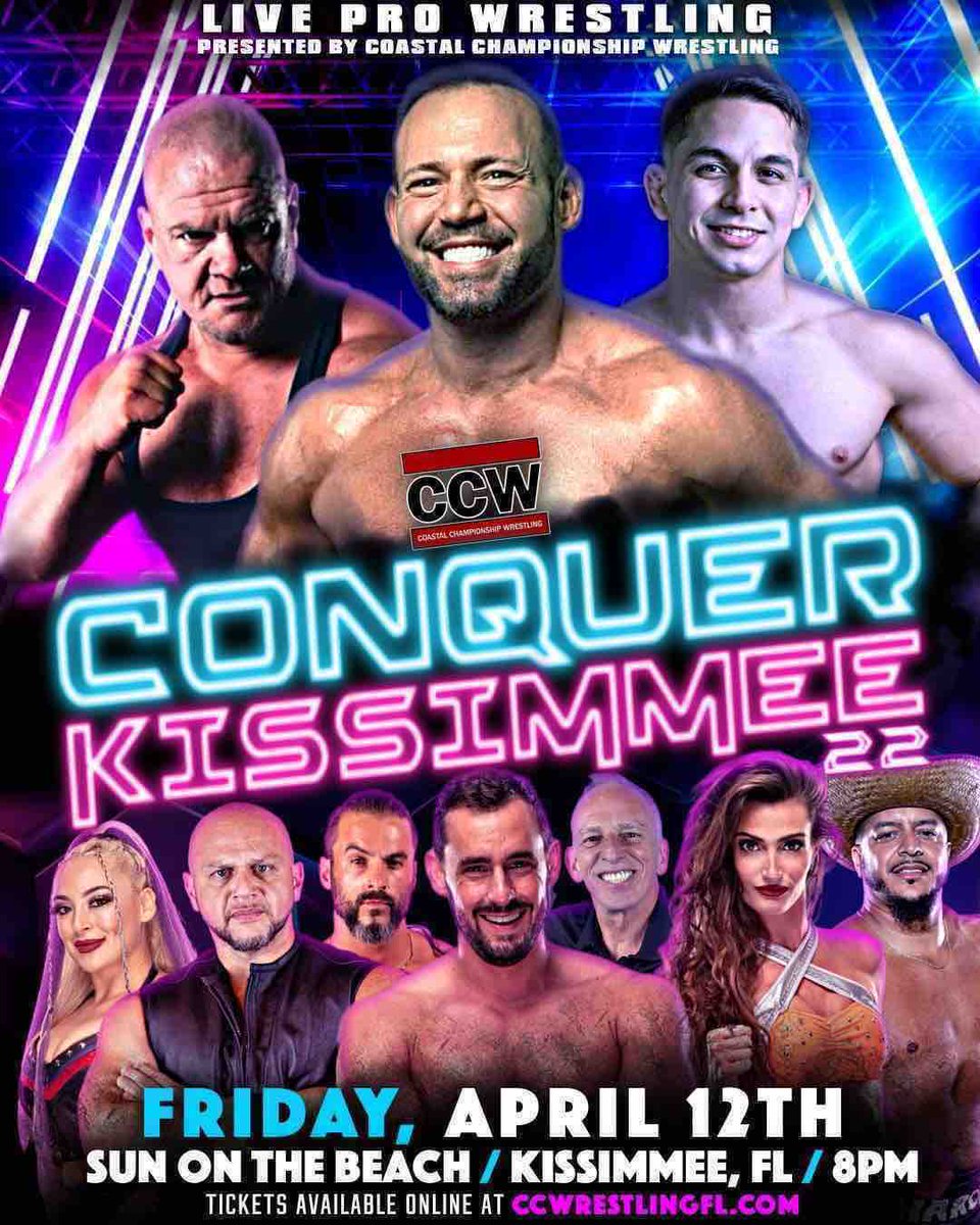 ONE WEEK AWAY! CCW returns to Sun On The Beach on April 12th, LIVE in Kissimmee, FL! CCW presents CONQUER KISSIMMEE 22! Featuring: @QTMarshall, @strongstylebrit, #IronSavages, @Ariel_Levy, @AlfonsoBill, @angelica_risk, @ItsChaChaTime, and more! Tix 🎟️: CCWrestlingFL.com
