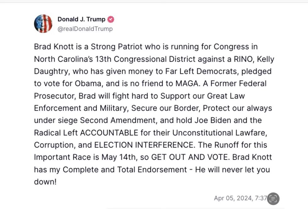 Congratulations @bradknottfornc! Now lets get out there and win this! Together We Will 🇺🇸Thank you @realDonaldTrump America First Hey Kelly, those Trump signs need to be changed. #NC #ncpol #BradKnott