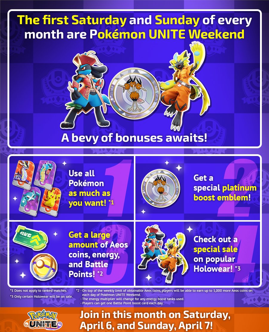 #PokemonUNITE Weekend has begun! Enjoy more trial licenses, get increased amounts of Aeos Energy, and check out discounts on popular Holowear! As well, this weekend you can obtain a special Platinum Boost Emblem!