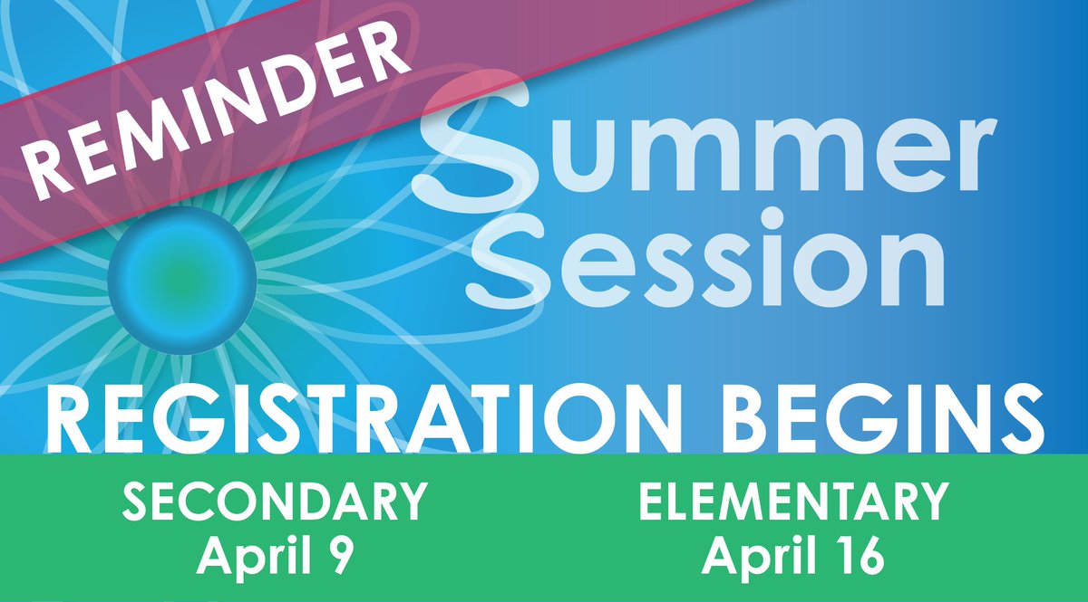 It's nearly time! Registration for Summer Session 2024 is coming soon! For SECONDARY students: Tuesday, April 9 starting at 10am. For ELEMENTARY students: Tuesday, April 16 starting at 10am. Learn more and see course offerings here: ow.ly/5gLR50QSRH0