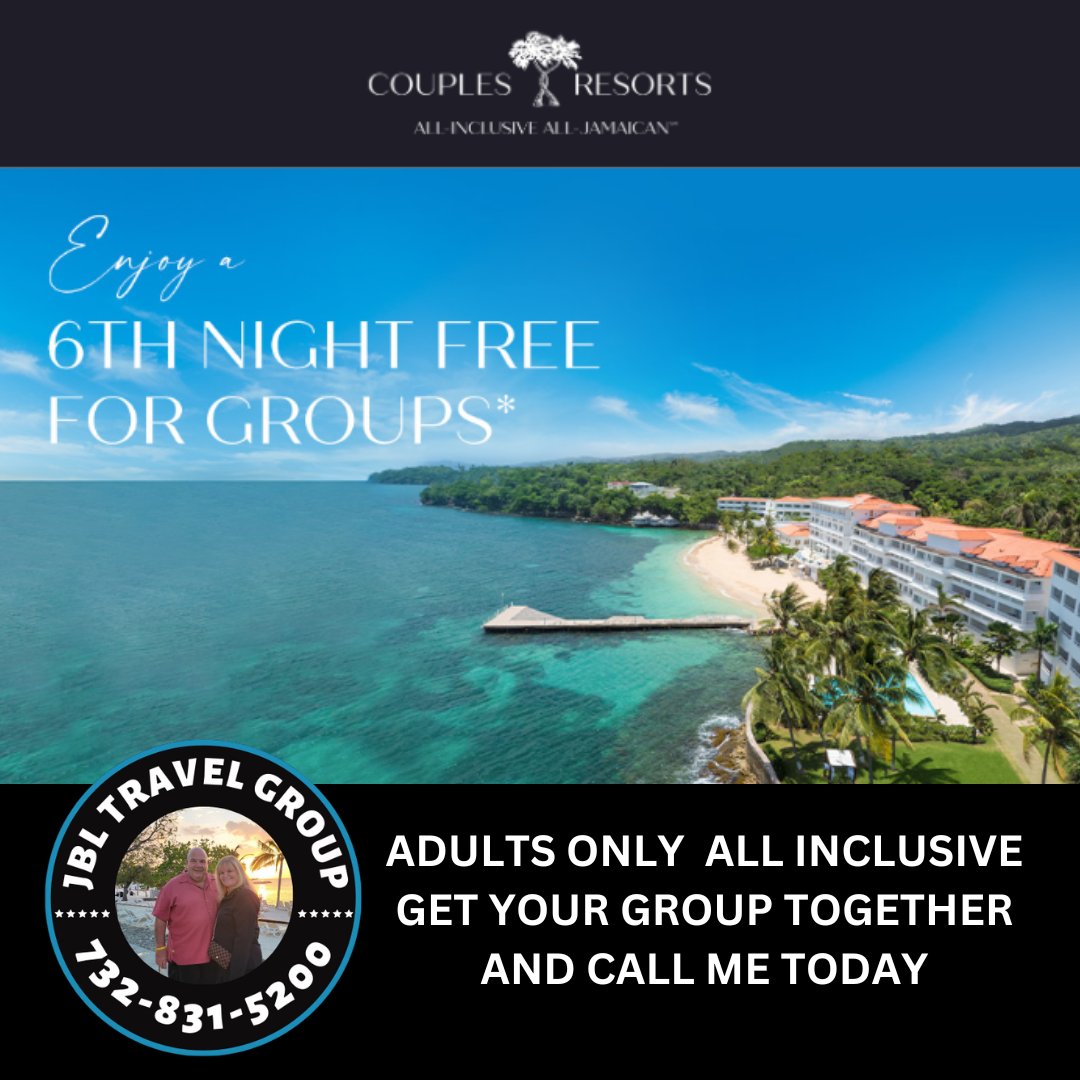 Are you thinking about a #groupgetaway ?
#Couplesresorts makes it easier and more affordable to gather your group
in #Jamaica Lock in your preferred dates today by calling the #jbltravelgroup
Your group can receive a free room for every 11th room booked and so much more!